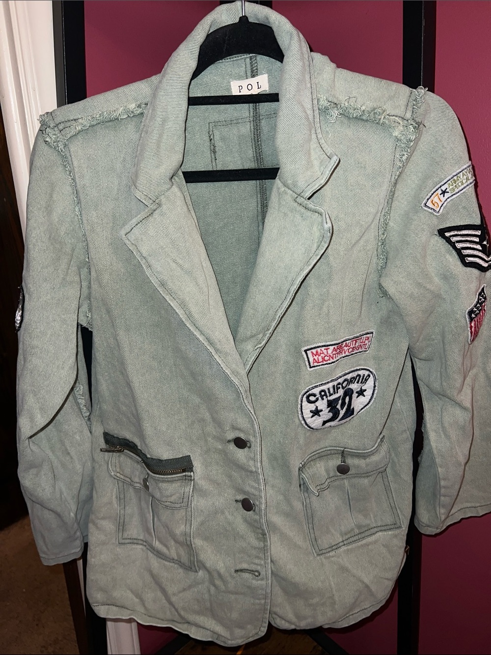POL Patchwork Jean Jacket with Embroidered Patches
